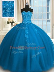 Sleeveless Floor Length Appliques and Embroidery Lace Up 15 Quinceanera Dress with Teal
