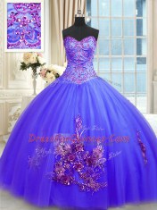 Blue Sleeveless Tulle Lace Up Ball Gown Prom Dress for Military Ball and Sweet 16 and Quinceanera