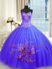 Blue Sleeveless Tulle Lace Up Ball Gown Prom Dress for Military Ball and Sweet 16 and Quinceanera