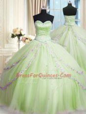 Yellow Green Ball Gowns Beading and Appliques Quinceanera Dress Lace Up Tulle Sleeveless With Train