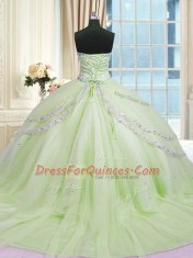Yellow Green Ball Gowns Beading and Appliques Quinceanera Dress Lace Up Tulle Sleeveless With Train