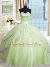 Yellow Green Ball Gowns Beading and Appliques Quinceanera Dress Lace Up Tulle Sleeveless With Train