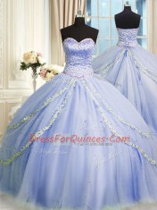 Latest Lavender Tulle Zipper Sweetheart Sleeveless With Train Quinceanera Gown Brush Train Beading and Appliques