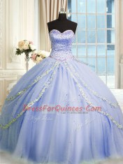 Latest Lavender Tulle Zipper Sweetheart Sleeveless With Train Quinceanera Gown Brush Train Beading and Appliques