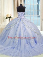 Latest Lavender Tulle Zipper Sweetheart Sleeveless With Train Quinceanera Gown Brush Train Beading and Appliques