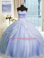 Latest Lavender Tulle Zipper Sweetheart Sleeveless With Train Quinceanera Gown Brush Train Beading and Appliques