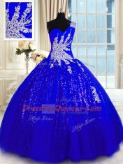 Fancy Ball Gowns Quinceanera Gown Royal Blue One Shoulder Tulle and Sequined Sleeveless Floor Length Lace Up
