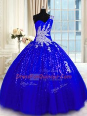 Fancy Ball Gowns Quinceanera Gown Royal Blue One Shoulder Tulle and Sequined Sleeveless Floor Length Lace Up