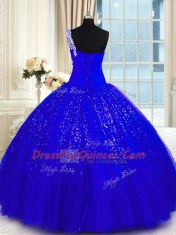 Fancy Ball Gowns Quinceanera Gown Royal Blue One Shoulder Tulle and Sequined Sleeveless Floor Length Lace Up
