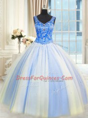 Adorable Sleeveless Floor Length Beading and Sequins Lace Up Vestidos de Quinceanera with Blue And White