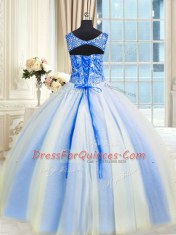 Adorable Sleeveless Floor Length Beading and Sequins Lace Up Vestidos de Quinceanera with Blue And White