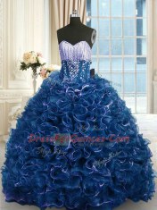 Beading and Ruffles Quinceanera Gown Navy Blue Lace Up Sleeveless With Brush Train