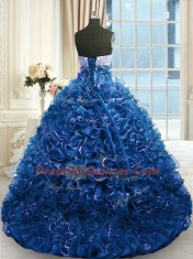 Beading and Ruffles Quinceanera Gown Navy Blue Lace Up Sleeveless With Brush Train