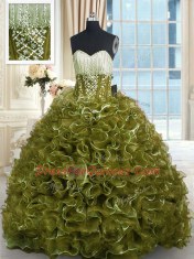 Olive Green Sleeveless Brush Train Beading and Ruffles With Train Quinceanera Gown