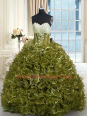 Olive Green Sleeveless Brush Train Beading and Ruffles With Train Quinceanera Gown