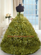 Olive Green Sleeveless Brush Train Beading and Ruffles With Train Quinceanera Gown