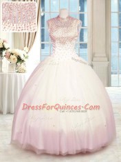 New Arrival Baby Pink Ball Gowns Tulle High-neck Sleeveless Beading Floor Length Zipper Quinceanera Dress