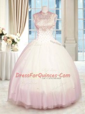 New Arrival Baby Pink Ball Gowns Tulle High-neck Sleeveless Beading Floor Length Zipper Quinceanera Dress