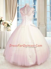 New Arrival Baby Pink Ball Gowns Tulle High-neck Sleeveless Beading Floor Length Zipper Quinceanera Dress