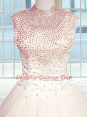 New Arrival Baby Pink Ball Gowns Tulle High-neck Sleeveless Beading Floor Length Zipper Quinceanera Dress