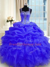 Free and Easy Purple Ball Gowns Straps Sleeveless Organza Floor Length Zipper Beading and Ruffles Quince Ball Gowns