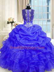 Free and Easy Purple Ball Gowns Straps Sleeveless Organza Floor Length Zipper Beading and Ruffles Quince Ball Gowns