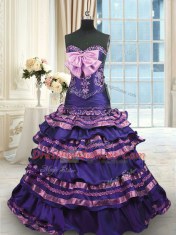 With Train Dark Purple Ball Gown Prom Dress Taffeta Sweep Train Sleeveless Appliques and Ruffled Layers and Bowknot