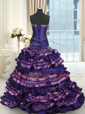 With Train Dark Purple Ball Gown Prom Dress Taffeta Sweep Train Sleeveless Appliques and Ruffled Layers and Bowknot