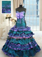 Admirable Sweetheart Sleeveless Taffeta Sweet 16 Quinceanera Dress Appliques and Ruffled Layers and Bowknot Sweep Train Lace Up