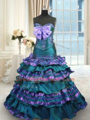Admirable Sweetheart Sleeveless Taffeta Sweet 16 Quinceanera Dress Appliques and Ruffled Layers and Bowknot Sweep Train Lace Up