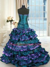 Admirable Sweetheart Sleeveless Taffeta Sweet 16 Quinceanera Dress Appliques and Ruffled Layers and Bowknot Sweep Train Lace Up
