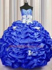 Sequins Pick Ups With Train Ball Gowns Sleeveless Royal Blue Sweet 16 Dress Brush Train Lace Up