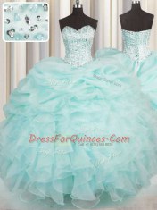 Luxury Aqua Blue Lace Up Sweetheart Beading and Ruffles Quince Ball Gowns Organza Sleeveless