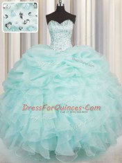 Luxury Aqua Blue Lace Up Sweetheart Beading and Ruffles Quince Ball Gowns Organza Sleeveless