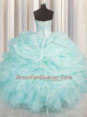Luxury Aqua Blue Lace Up Sweetheart Beading and Ruffles Quince Ball Gowns Organza Sleeveless