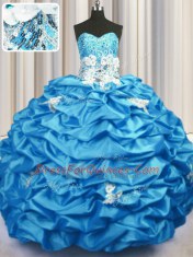 Glamorous Sequins Pick Ups Aqua Blue Sleeveless Taffeta Brush Train Lace Up Sweet 16 Dresses for Military Ball and Sweet 16 and Quinceanera