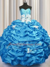 Glamorous Sequins Pick Ups Aqua Blue Sleeveless Taffeta Brush Train Lace Up Sweet 16 Dresses for Military Ball and Sweet 16 and Quinceanera