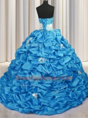 Glamorous Sequins Pick Ups Aqua Blue Sleeveless Taffeta Brush Train Lace Up Sweet 16 Dresses for Military Ball and Sweet 16 and Quinceanera