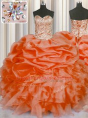 Clearance Orange Red Organza Lace Up 15 Quinceanera Dress Sleeveless Floor Length Beading and Ruffles and Pick Ups