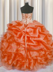 Clearance Orange Red Organza Lace Up 15 Quinceanera Dress Sleeveless Floor Length Beading and Ruffles and Pick Ups