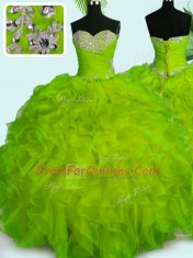 Custom Designed Yellow Green Sweetheart Neckline Beading and Ruffles Sweet 16 Dress Sleeveless Lace Up
