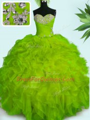 Custom Designed Yellow Green Sweetheart Neckline Beading and Ruffles Sweet 16 Dress Sleeveless Lace Up