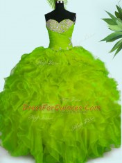 Custom Designed Yellow Green Sweetheart Neckline Beading and Ruffles Sweet 16 Dress Sleeveless Lace Up