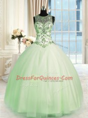 Fashion Apple Green Ball Gowns Tulle Scoop Sleeveless Beading Floor Length Lace Up Sweet 16 Dresses