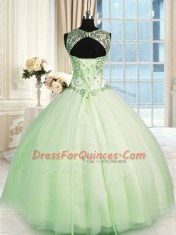 Fashion Apple Green Ball Gowns Tulle Scoop Sleeveless Beading Floor Length Lace Up Sweet 16 Dresses