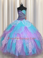 Romantic Tulle Sleeveless Floor Length Quinceanera Dresses and Beading and Ruching