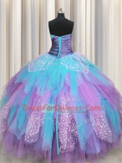 Romantic Tulle Sleeveless Floor Length Quinceanera Dresses and Beading and Ruching