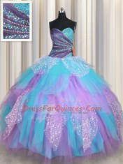 Romantic Tulle Sleeveless Floor Length Quinceanera Dresses and Beading and Ruching
