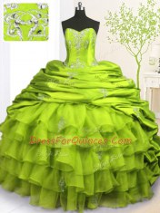 Admirable Olive Green Ball Gown Prom Dress Military Ball and Sweet 16 and Quinceanera and For with Beading and Appliques and Ruffled Layers and Pick Ups Strapless Sleeveless Brush Train Lace Up