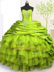 Admirable Olive Green Ball Gown Prom Dress Military Ball and Sweet 16 and Quinceanera and For with Beading and Appliques and Ruffled Layers and Pick Ups Strapless Sleeveless Brush Train Lace Up